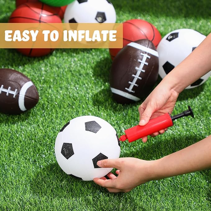 Sports Balls with Pump for Kids 5" Basketball, 5" Soccer, 5" Playground Ball, 6.3" Football for Indoor Outdoor Play Games Gifts