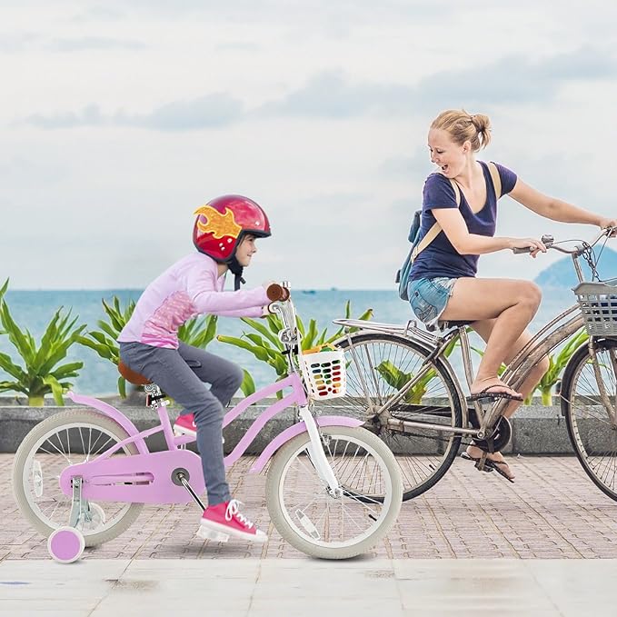 HONEY JOY Kids Bike, 12 14 16 18 20 Inch Toddler Bikes w/Training Wheels, Handbrake & Coaster Brake, Fully Enclosed Chain, Adjustable Handlebar & Seat, Kids Bicycle w/Basket, Girls Boys Bike 3-8