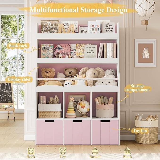 HITHOS 55.3"H Kids Bookshelf with Toy Storage Organizer, Tall Book Shelf with 3 Mobile Toy Storage Bins, Large Kids Bookcase with Toy Chest, 39.2"W Modern Toy Box for Kid Room, Playroom, Pink, White