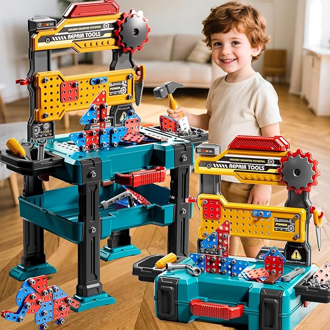 Kids Tools Toy Sets for Aged 3 4 5 6 7 8, 2 in 1 Workbench Toys for Toddlers 3-5, Pretend Play Toolbox, Construction Mechanic Set with Sound, Educational Birthday Gift for Boys Girls Ages 3-8