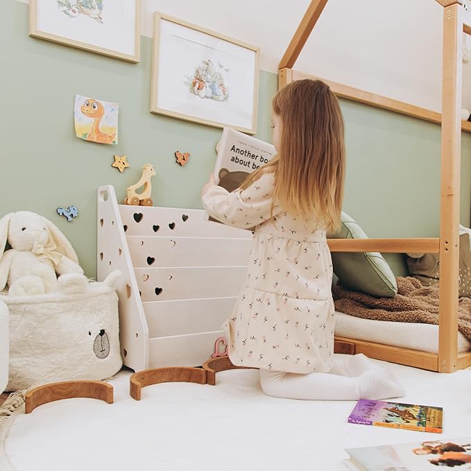 Kids Bookshelf, Furniture for Kids, Personalized Montessori Bookshelf, Open Bookcase for Playroom in Two Sizes, Wooden Shelf with Stars.