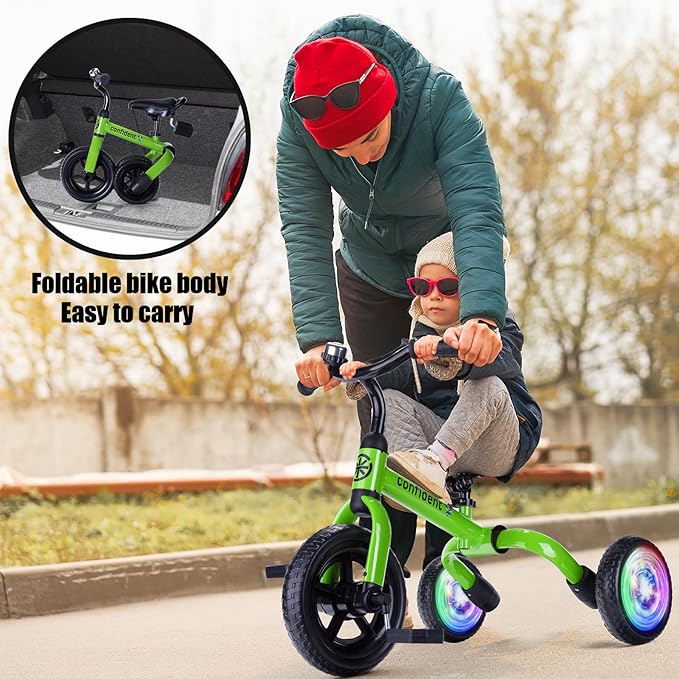 YGJT 3 in 1 Lighting Tricycle for Toddlers Age 2-5 Years Old, Folding Kids Balance Bike with Adjustable Seat and Removable Pedal, Toddler Bike Ride-on Toys for Infant, Gift for Baby Boys Girls(Green)