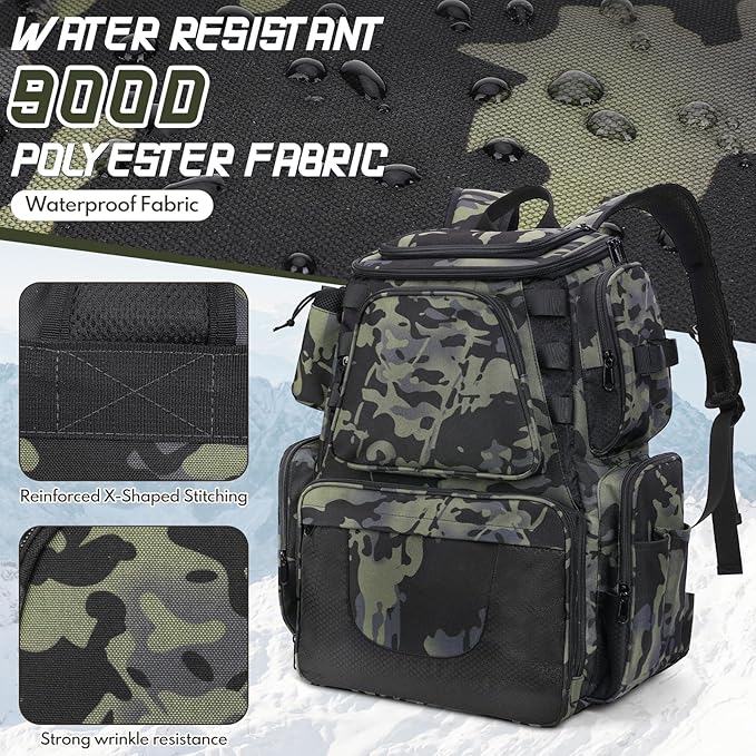 Anpress 38L Fishing Tackle Backpack with 2 Rod Holder Waterproof Large Storage Outdoor Tackle Bag Fishing Rucksack Bag for 4 Trays, Tackle Storage Backpack for Camping Hiking Traveling Cycling