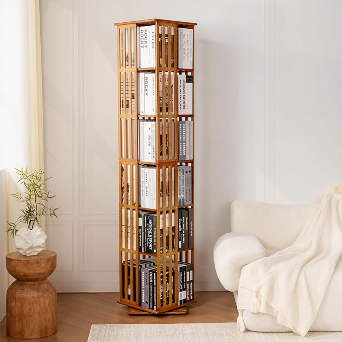 YOWOS Rotating Bookshelf Tower, 360 Display Spinning Bookcase, Bamboo Bookshelf Floor Standing Storage Rack, Wood Narrow Book Shelf Organizer for Kids&Adults, Walnut 6 Tier