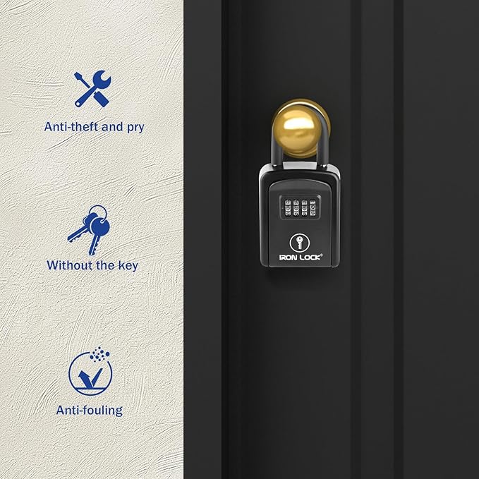 Iron Lock® Portable Key Lock Box with Removable U-Shackle Indoor Outdoor Waterproof 4 Digit Combination Resettable Code with A B Switch Key Lockbox for Outside Spare Keys for Realtors (Small, Black)