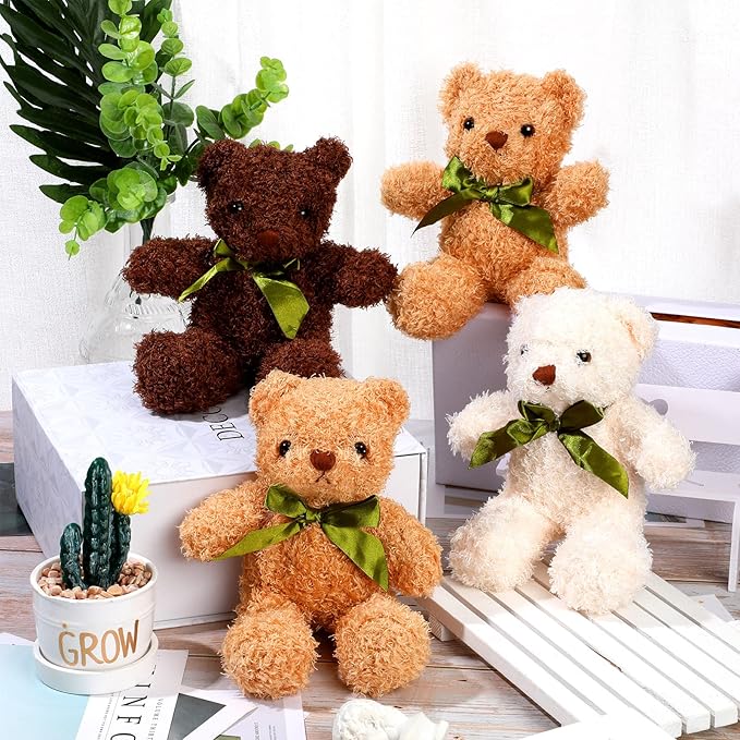 9 Pieces Cute Bear Stuffed Animals 10 Inch Soft Plush Stuffed Bears Toy Valentine‘s Day Gift Bulk with Bow Tie Kids Boys Girls Graduation Baby Shower Birthday Party Gift(Dark Brown, Golden, White)