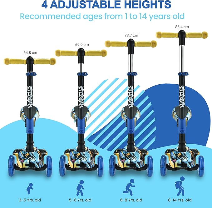 Hurtle 3-Wheeled Scooter for Kids - Wheel LED Lights, Adjustable Lean-to-Steer Handlebar, and Foldable Seat - Sit or Stand Ride with Brake for Boys and Girls Ages 1-14 Years Old