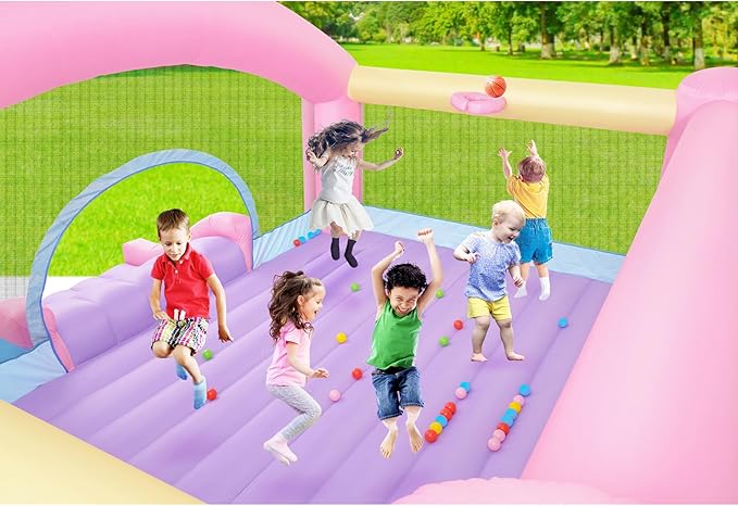 Large Bounce House for Big Kids, 14.8 x 14.5 FT Inflatable Bouncer Jumper Slide with 650W Blower, Basketball Hoop, Throw Ball Game, Ball Pits (Pink, 177" L x 174" W x 94" H)