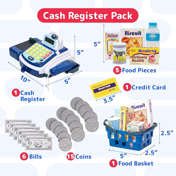 Prextex Pretend Play Electronic Toy Cash Register for Kids - Contains Play Coins, Paper Bills & Credit Card - Teaches Money and Number Calculation - Fun Toy Register for Kids - Blue