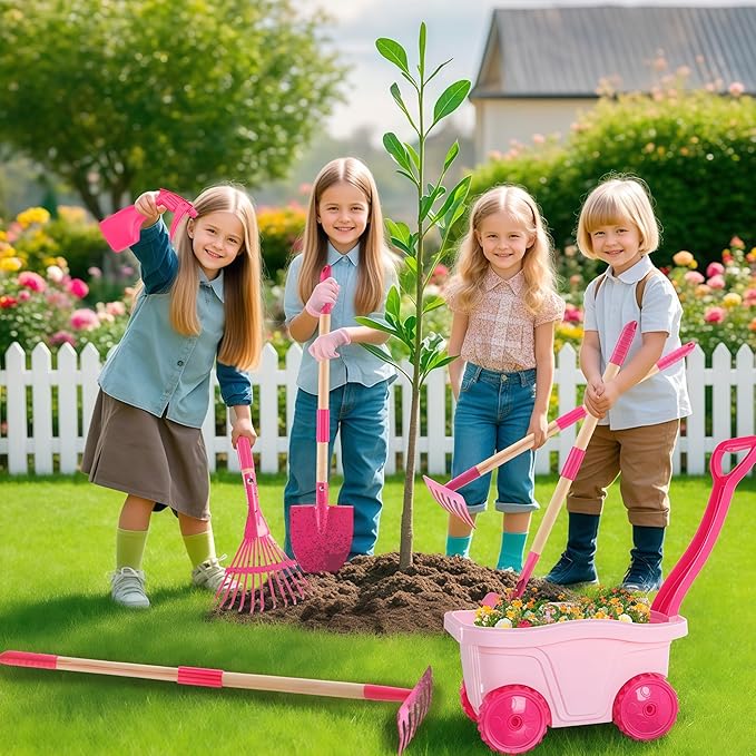 Duckura Kids Gardening Tools Set - 7pcs Wheelbarrow Set for Kids with Shovel, Rake, Leaf Rake, Summer Outdoor Yard Digging Weed Toys, Halloween Birthday Gifts for Boys Girls Age 2 3+ Years Old(Pink)