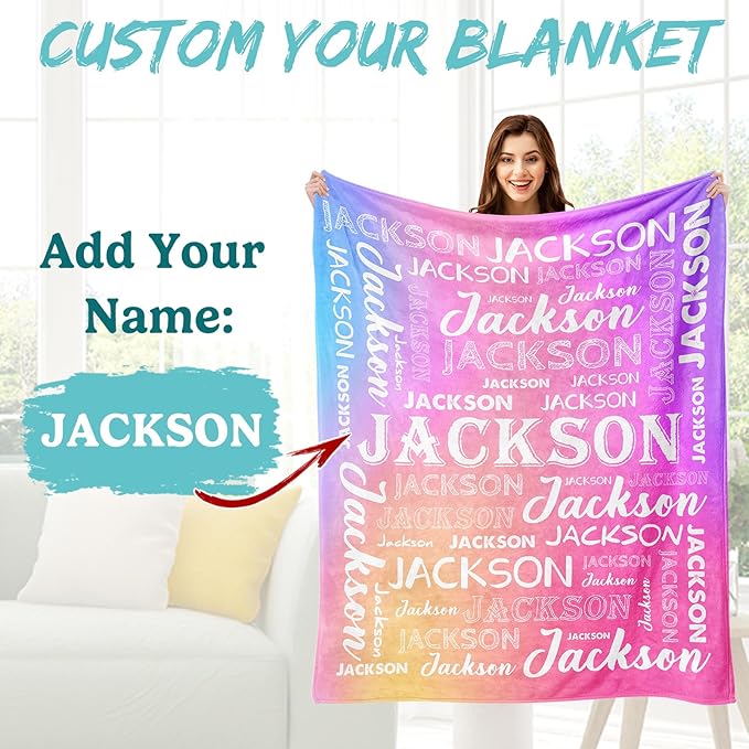 Ship Next Day, Personalized Baby Blanket with Name - Printed in USA, Custom Name Blanket for Boys Girls Kids, Customized Flannel Blankets Gifts for Teen Shower Toddlers Christmas Brithday