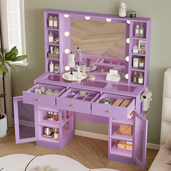 Makeup Vanity Desk with Mirror and Lights, Purple Vanity with Glass Top, LED Lights & Power Outlet, 3 Drawers & 2 RGB Glass Cabinets, Adjustable Lighted Dressing Table for Women & Girls Bedroom