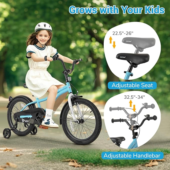 COSTWAY 12/14/16/18 Inch Kids Bike, Children Toddler Bicycle with Training Wheels, Adjustable Seat & Handlebar, Handbrake & Coaster Brake, Reflectors, Bell, Suitable for 3-8 Years Old Boys Girls