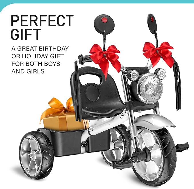 Toddler Kids Tricycle for 2-4 Year Olds - Motorcycle Style Trike W LED Headlight, Tassels & Rear Storage, Gift for Boys & Girls (White)