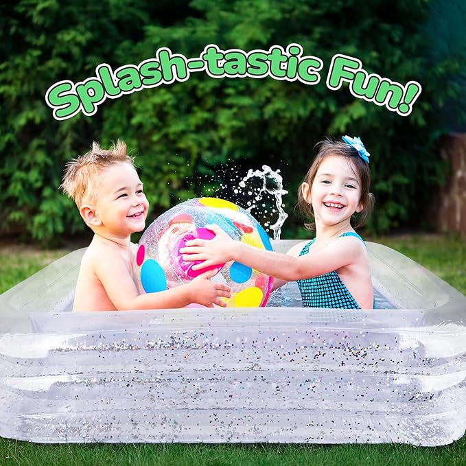 ArtCreativity Sparkly Inflatable Kiddie Pool with 3 Levels, Transparent Blow Up Pool for Kids with Silver Glitter and Cushioned Bottom, Easy to Inflate Outdoor Pools for Backyard, Summer Toys for Kids