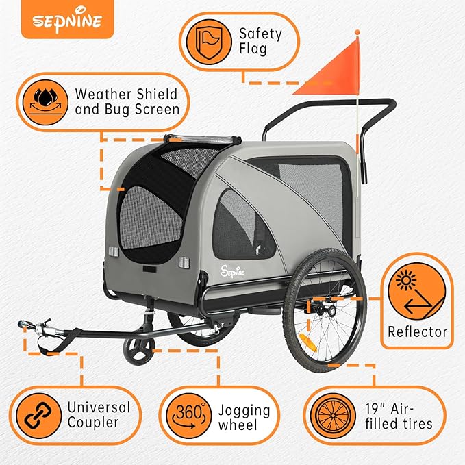 Sepnine Dog Bike Trailer, Supports up to 88 lbs, 2-in-1 Pet Stroller Cart Bicycle Carrier, Easy Folding Cart Frame with Quick Release Wheels, Universal Bicycle Coupler, Non-Slip Floor, Internal Leash