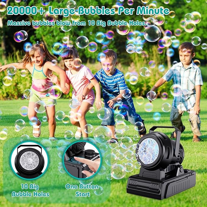 Panamalar Bubble Machine Adjustable Angle, 10 Big Holes Automatic Bubble Blower Machine for Kids 20000+ Big Bubbles with Solution, Portable Bubble Maker Outdoor Toys for Garden Party Wedding-Black