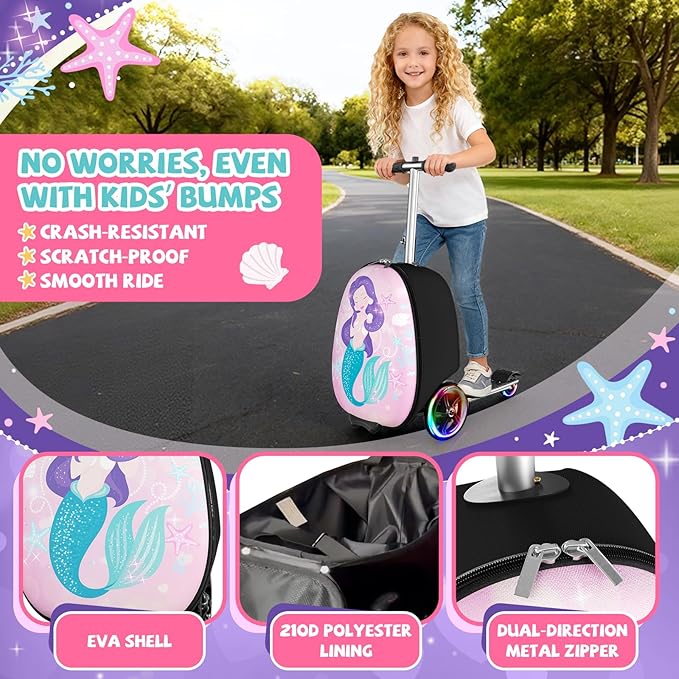 Scooter Suitcase for Kids, 2 in 1 Ride-on Luggage with Flash PU Wheels, Adjustable Handle & TPR Non-Slip Grip, Foldable & Lightweight, Ages 5-12