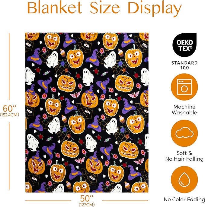 Joiedomi Halloween Blanket Soft Flannel Fleece Throw Blanket Glow in The Dark Halloween Pumpkin Ghost Bat for Kids Bed Living Room Gifts 50"×60"