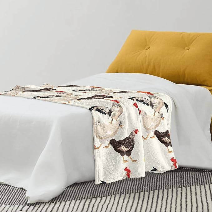 Cute Chicken Printed Blanket Soft Fuzzy Flannel Plush Throw Blanket for Couch,Sofa and Bed Decorative Blankets Funny Colorful Rooster Swaddle Baby Kids Blanket All Season 80"x60"