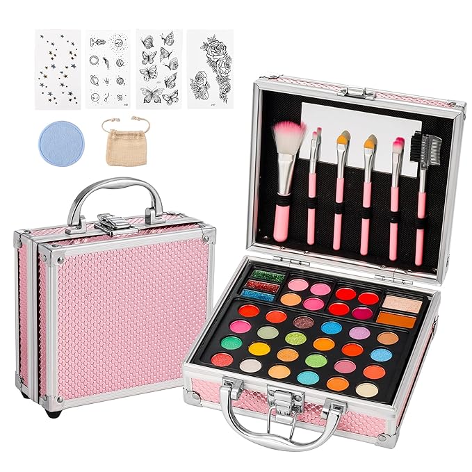 Anpro All-In-One Makeup Kit for Girls 10-12 with Case, Pro Teen Makeup Set, Tween Makeup Kit, Full Starter Make Up Kit with Brushes, Eyeshadow Palette, Blushes, Glitter Gel, Temporary Tattoo Stickers