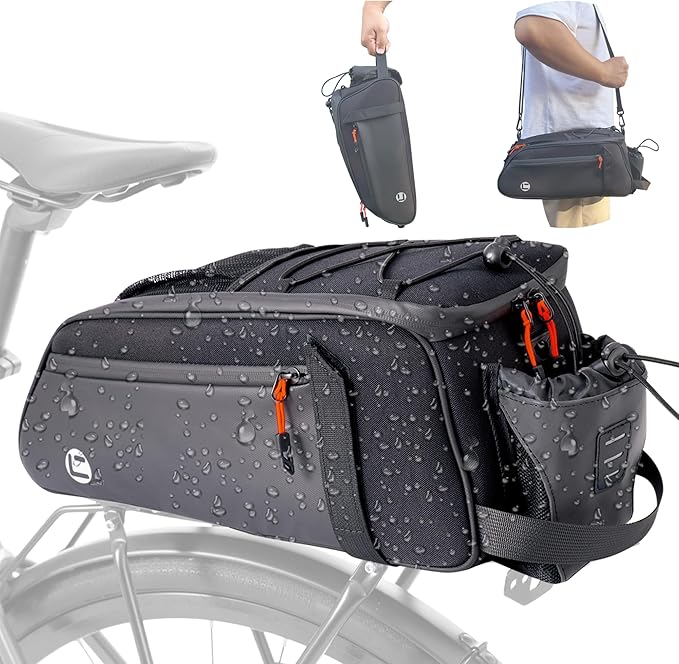 NDakter Bike Bags for Bicycle Rear Rack - 10L Waterproof 3 IN 1 Ebikes Trunk Bag with Water Bottle Holder, Reflective Electric Bike Saddle Panniers with Shoulder Strap for Commuter Travel Outdoor