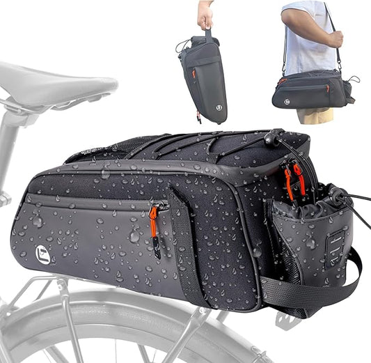 NDakter Bike Bags for Bicycle Rear Rack - 10L Waterproof 3 IN 1 Ebikes Trunk Bag with Water Bottle Holder, Reflective Electric Bike Saddle Panniers with Shoulder Strap for Commuter Travel Outdoor