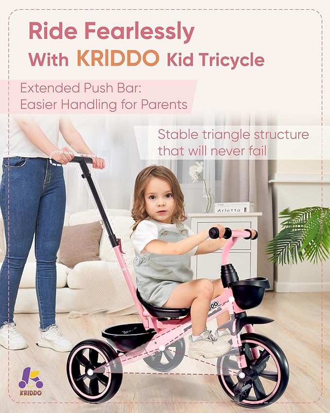 KRIDDO 2-in-1 Toddler Tricycle for Ages 18 Months to 5 Years Old - Extended Push Handle for Effortless Push, Gift Trike for Toddler 3 to 5 Year, Kids Tricycle with Foldable Front Footrest, Pink
