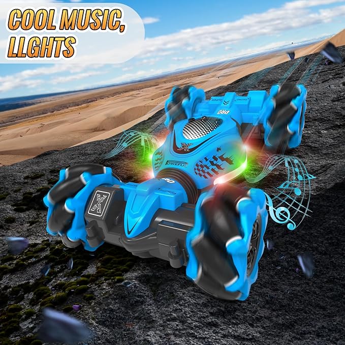 Pristar RC Car Toys for Boys Girls 6-12, Gesture Sensing RC Stunt Car 2.4Ghz 4WD Remote Control Car with Lights Music Double Sided Flip 360° Rotate Off-Road, Birthday Xmas Gifts for Kids Aged 6-12