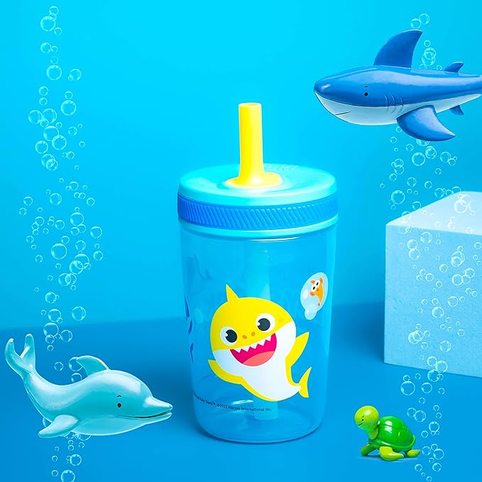 Zak Designs 15oz Baby Shark Kelso Tumbler Set, Leak-Proof Screw-On Lid with Straw Made of Durable Plastic and Silicone, Perfect Bundle for Kids (2pcs Set)