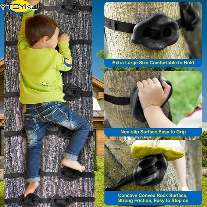 12 Rock Climbing Holds for Kids Climber,6.56FT Climbing Rope Swing and 6 Sturdy Ratchets Straps for Kids Tree Climbing,Tree Climbing Kits for Outdoor Obstacle Training,Black