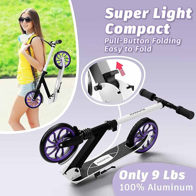 PHOEROS Kick Scooter for Kids Ages 6-12,Teens & Adults, Youth. Lightweight Aluminum Kick Scooter for Teens Adults Boys Girls with 8 inch Big Wheels, Foldable, 3 Height Adjustable, Shock Absorption.