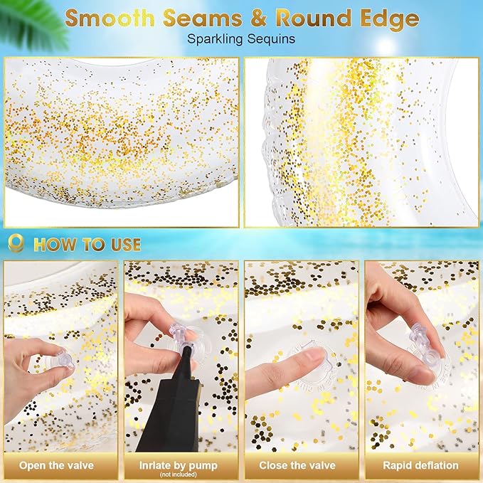 6 Pcs Inflatable Pool Float Tube 30 Inch Swimming Ring with Confetti Glitter Inner Tubes Transparent Swim Floaties Funny Water Floats Toys for Kids Adults Beach Party Supplies (Gold)