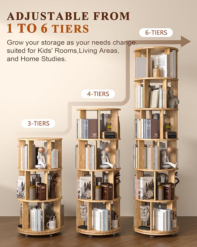 6-Tier Solid Wood Rotating Bookshelf on Wheels, 360° Spinning Book Shelf Tower, Round Revolving Bookcase Organizer, Rolling Bookshelves for Small Spaces, Corner, Bedroom, Kids Room, Office, Natural
