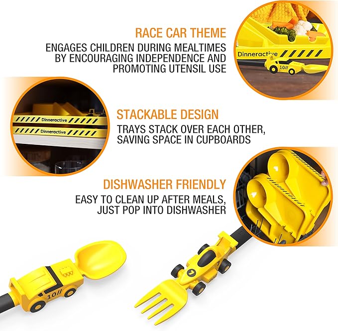 Dinneractive Dining Set for Kids - 3PC Yellow Race Car Dinnerware - Race Car Utensils - Toddler Plates - Baby Dishes