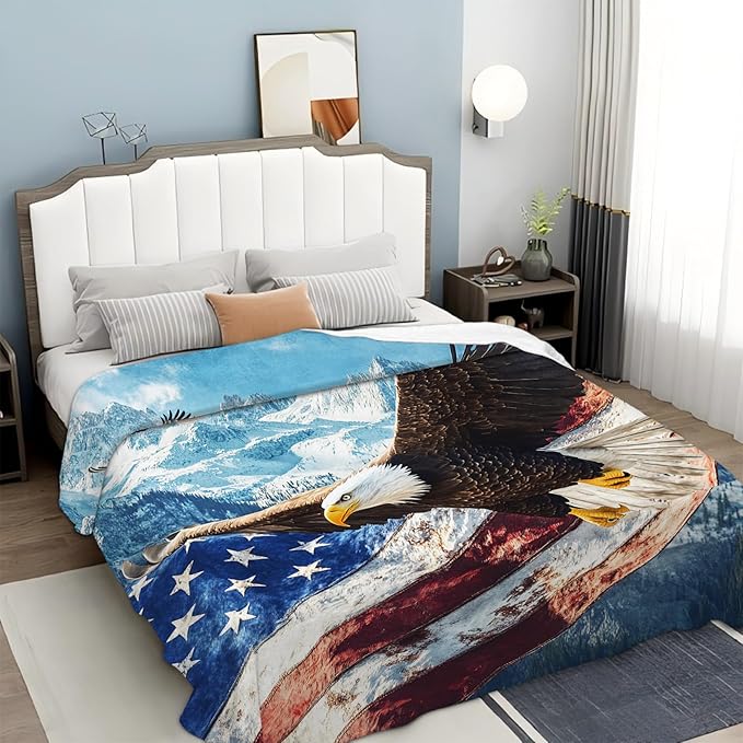 Eagle American Flag Blanket, Bald Eagle Throw Blanket, Soft Cozy Stuff Fleece Blankets Gifts for Mens Boys Couch Sofa Bed 50" x 40"