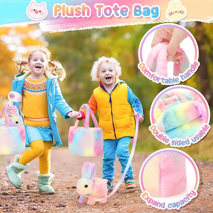 Plush Interactive Bunny Toys for Kids with Tote Bags,Stuffed Robot Pet Rabbit with Leash Hopping Wiggle Ears Pretend Play,Realistic Cute Fidget Toys for Toddler Stocking Stuffers Birthday Gifts