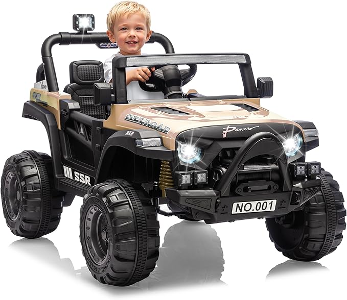 Kids Ride On Truck Car, 12V Ride On Toy Battery Powered Vehicles w/Parent Remote, Spring Suspension, Electric Car for Kids with Bluetooth Music, LED Light, Ideal Car Gift for Boys Girls, Khaki