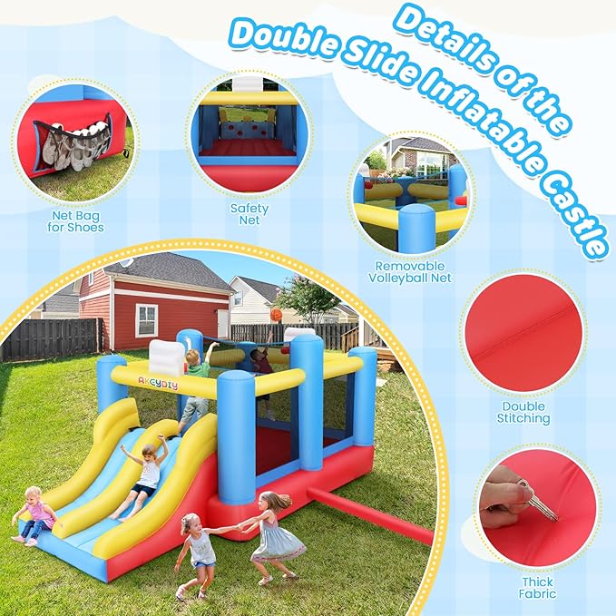 AKEYDIY Inflatable Bounce House with Dual Racing Slides – Large Bounce Area, Basketball Hoop, Removable Volleyball Net | Heavy-Duty for Outdoor Fun | Includes 550W Blower Kids Party