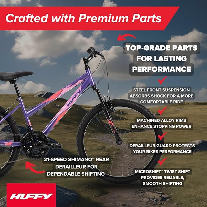 Huffy Stone Mountain Hardtail Mountain Bike for Boys/Girls/Men/Women, 20"/24"/26" Sizes, 6 or 21 Speed Shimano Twist Shifting, Front or Dual Suspension, Comfort Saddle, Sleek Colors