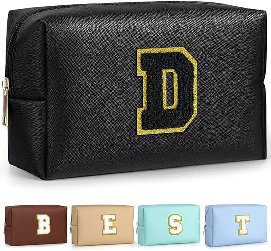 TOPEAST Preppy Small Makeup Bag, Chenille Letter Pouch Cosmetic Bag With Zipper, PU Leather Waterproof Toiletry Bag, Personalized Birthday Gift for Women, Cute Stuff for Girls (Black D)