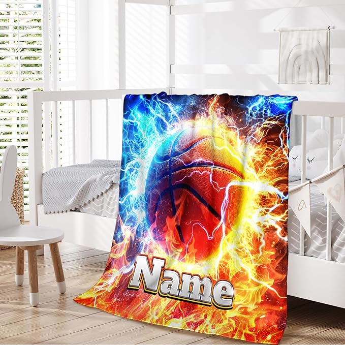 Basketball Blanket for Kids Boys 1-3, Personalized Name 40x30 Inches Soft Warm Cozy Custom Sports Stuff Throws for Sofa Chairs Gifts for Sports Players Lovers