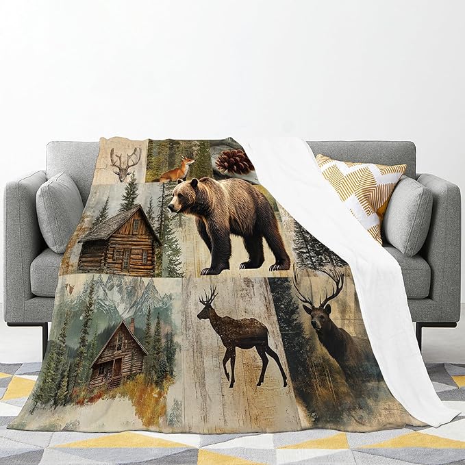 Cabin Bear Blanket, Rustic Bear Deer Fleece Blanket Gifts for Boys Girls, Warm Cozy Soft Flannel Stuff for Bed Sofa Couch 50" x 40"