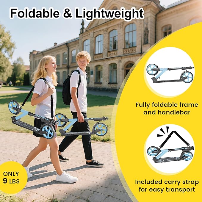 SIMATE Kick Scooter for Kids Teens & Adults, 4 Adjustable Heights, 8IN All Terrain Big Wheels, Foldable and Lightweight, Gifts for Girls Boys