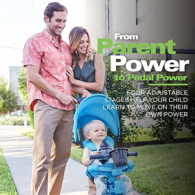 Joovy Tricycoo 4.1 Kids Tricycle with 4-Stages Featuring Extra-Wide Front Tire, Removable and Adjustable Parent Handle, Safety Harness, Machine-Washable Seat Pad, and Retractable Canopy (Blue)