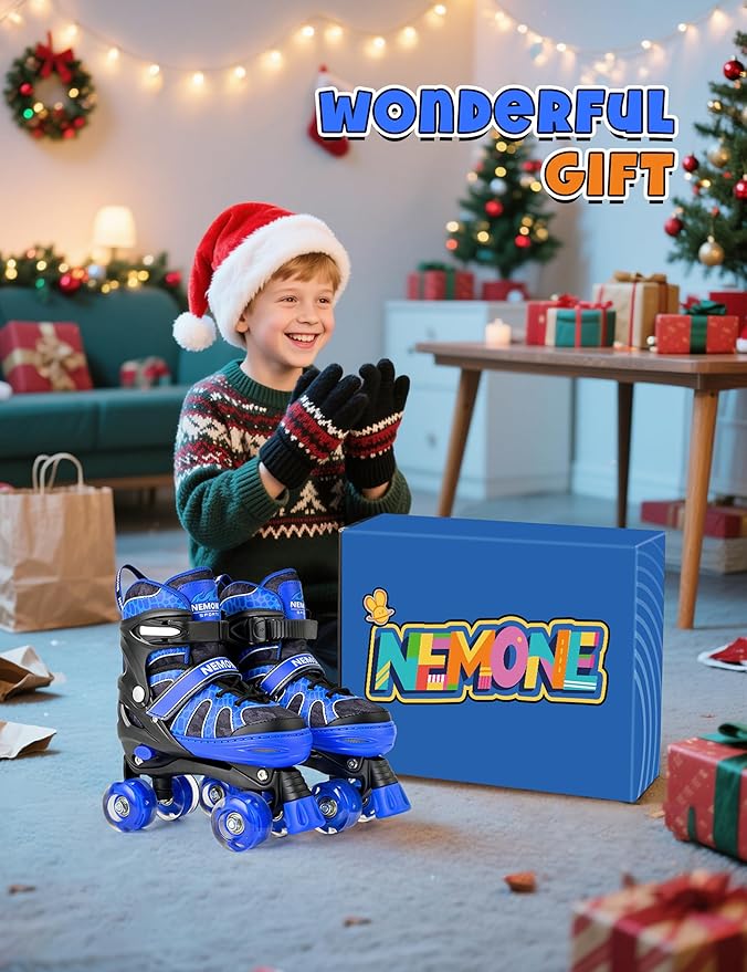 NEMONE Roller Skates for Boys Kids Ages 4-6 5-8 6-12 8-12 with 4 Sizes Adjustable Light up Wheels, Todder Beginner Rollerskates Indoor Outdoor Sports