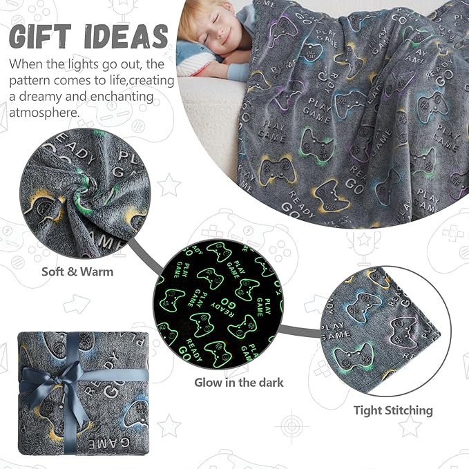 Gamer Game Controller Gifts Toys for Boys,Glow in The Dark Gaming Blanket,Christmas Birthday Presents Decor for Kids Age 3-14 Year Old Son Teen Child Toddler Soft Luminous Kid Blanket 50"x60"