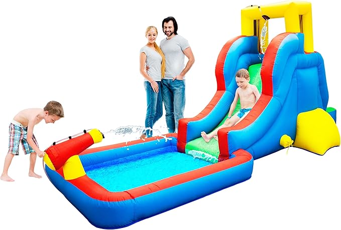 PicassoTiles KC108 Water Slide Park Inflatable Bouncing House w/Pool Area (Splash Zone), Climbing Wall, Shower Head Sprays Mounts, Water Cannon Mount and Heavy Duty GFCI ETL Certified 385W Blower