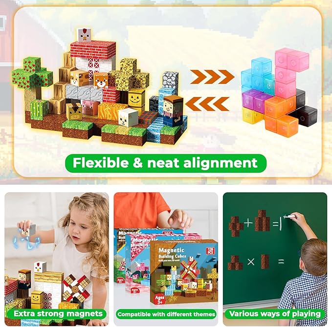 120 PCS Magnetic Blocks - Magnetic Building Blocks, Magnetic Farm Animal Homes Stacking Magnets for Kids, STEM Montessori Sensory Toys for Kids 3+ Boys and Girls Christmas Birthday Gifts