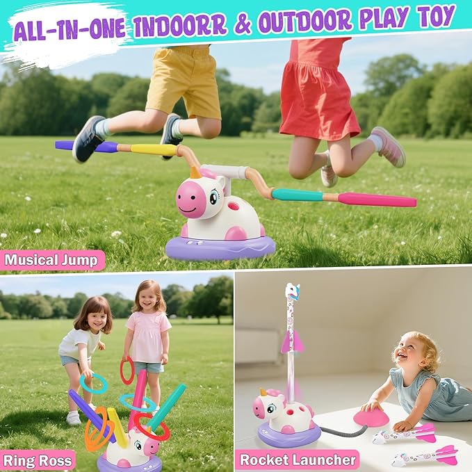 Outdoor Games Toys for Kids, 3 in 1 Rocket Launcher, Musical Jumping & Ring Toss Games with Remote Control, Unicorn Toys for Girls Age 4-6, Outdoor Play Toy for Toddlers 3-5 4-8 Birthday Gift Party